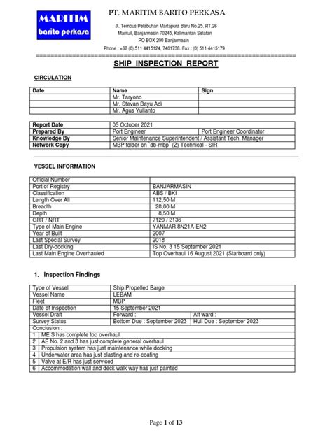 Ship Inspection Report SPB Lebam 15 September 2021 | Download Free PDF | Ships | Watercraft