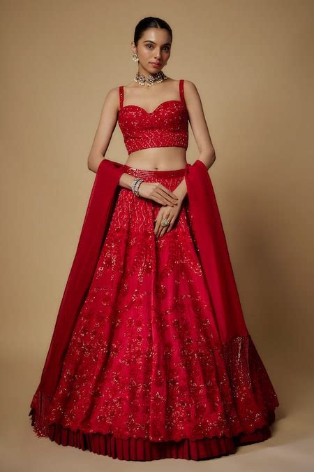 Buy Red Raw Silk Embroidered Cutdana Floral Cutwork Lehenga Set For