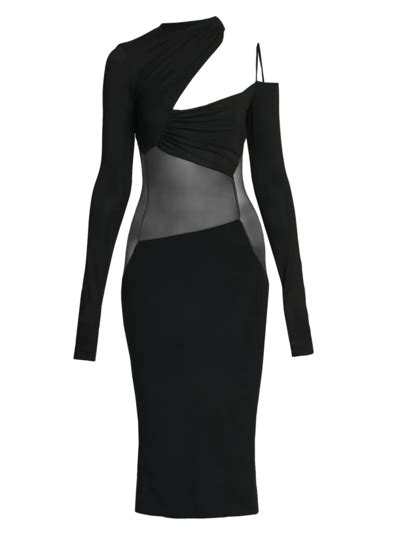 Nensi Dojaka Asymmetric Sheer Insert Midi Dress In Black Modesens