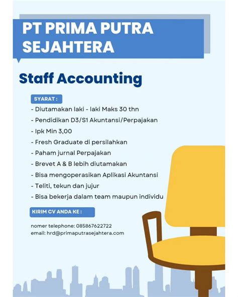 Lowongan Kerja September 2023 Staff Accounting PT Prima Putra Sejahtera