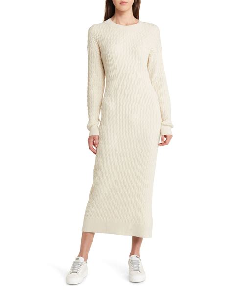 Treasure And Bond Cable Stitch Long Sleeve Midi Sweater Dress In Natural