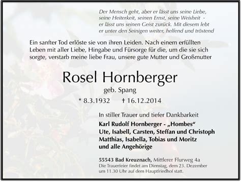 Traueranzeigen Von Rosel Hornberger Rz Trauer De