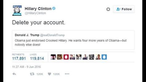 Hillary Clinton Tweets Donald Trump Delete Your Account Fox 5 Atlanta