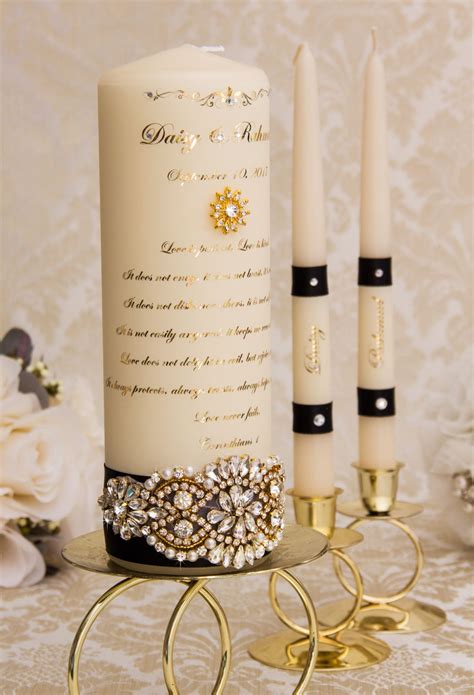 Personalized Wedding Unity Candle Set Decorated With Golden Applique And Black Ribbons