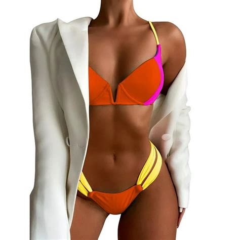 Tponi Swimsuits For Curvy Women Two Piece Sets Elastic Orange Plus Size