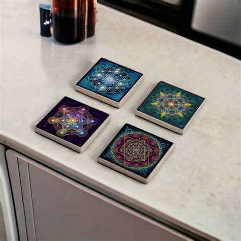 Colored Sacred Geometry Coasters Metatron Cube Stone Coasters Flower