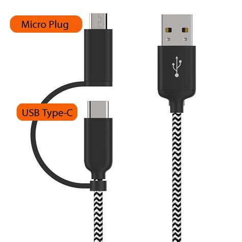 2 In 1 Usb Type C Cable Micro Usb Cable 3ft1m Nylon Braided Black Color Copper Patch Cord