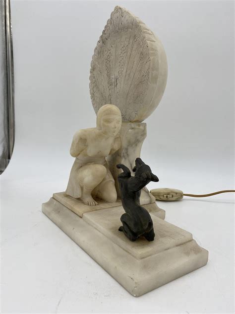 Hand Carved Art Deco Nude Flapper Girl Alabatser Table Lamp W Bronze Gazelle For Sale At Stdibs