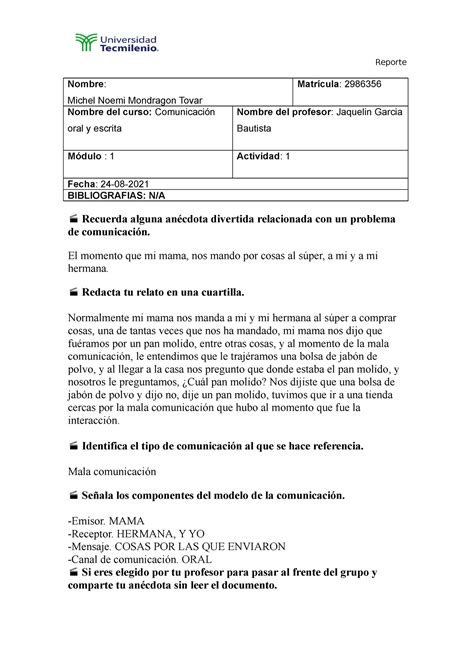 Actividad Comunicacion Oral Y Escrita Reporte Nombre Michel Noemi