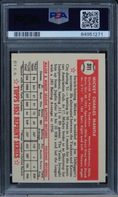 1983 TOPPS 52 réimpression Mickey Mantle HOF 311 PSA 7 neuf EUR 174