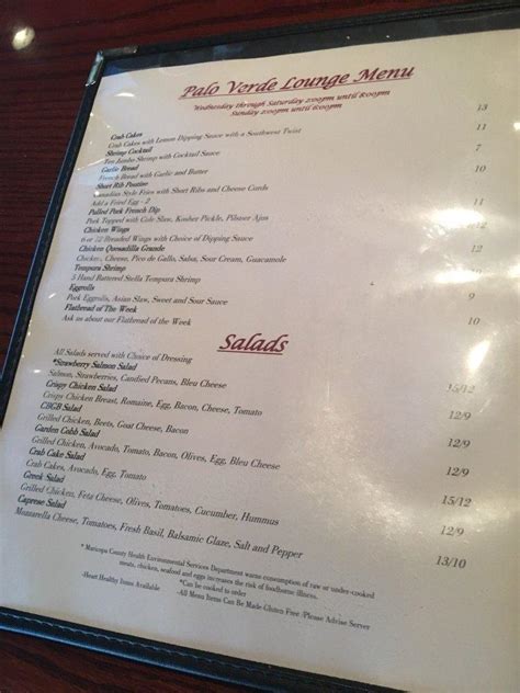 Menu at Palo Verde Restaurant, Sun Lakes, E San Tan Blvd