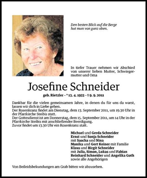 Todesanzeigen Von Josefine Schneider Todesanzeigen Vorarlberger