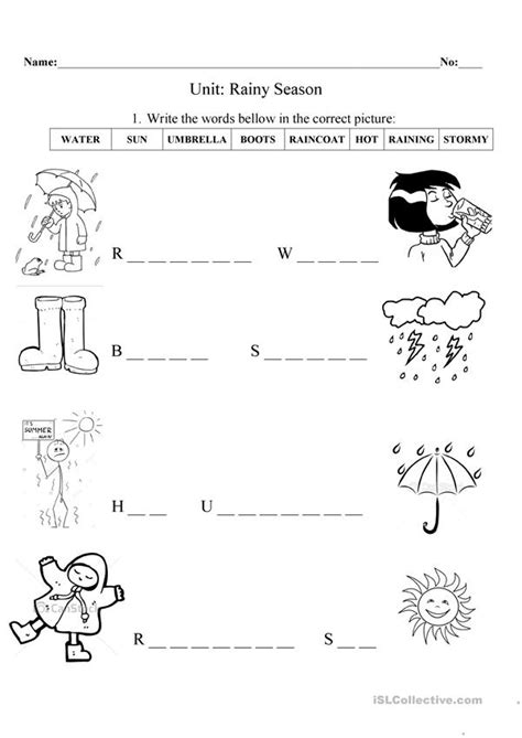 Rainy Season Weather Vocabulary English Esl Worksheets Seasons Worksheets Kindergarten