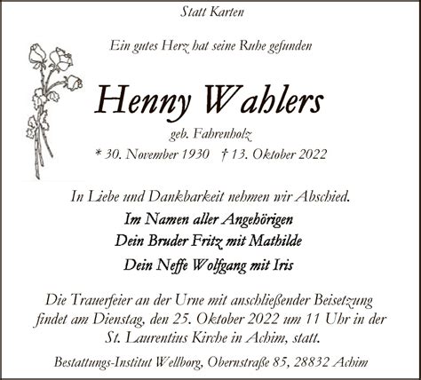 Traueranzeigen Von Henny Wahlers Trauer Kreiszeitung De