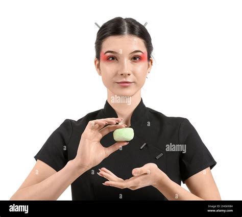 Beautiful Young Woman With Tasty Japanese Mochi Isolated On White Stock