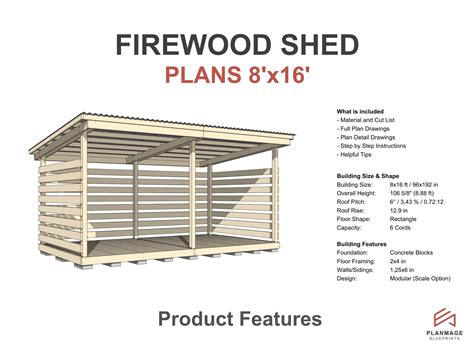 Firewood Shed Plans 8x16 Ft DIY 6 Cord Woodshed Etsy