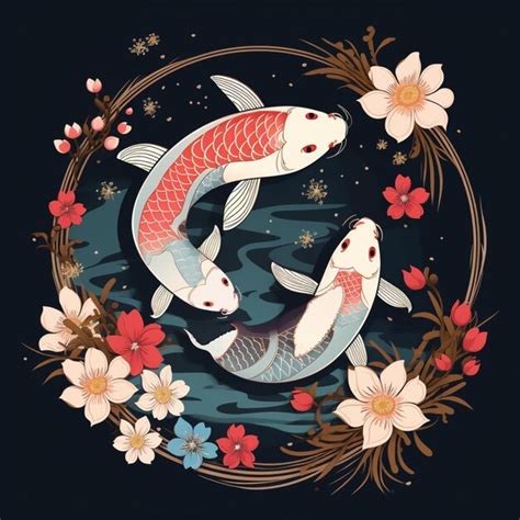 Premium Ai Image There Are Two Fish Swimming In A Circle With Flowers