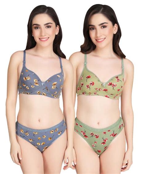 Buy PIBU Women Cotton Bra Panty Set For Lingerie Set Pack Of 2 Color Grey Green Online