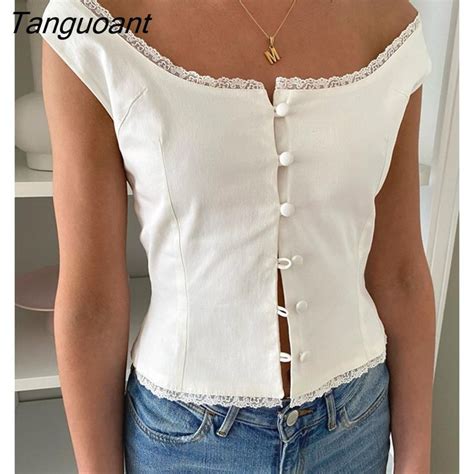 Tanguoant Retro Button Up Tank Top Lace Trim Milkmaid Top Women Y2k