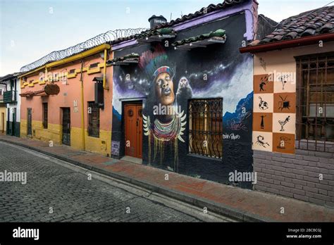 BOGOTA, COLOMBIA - January 06. 2020: Wall covered by graffiti in the La ...