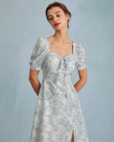 The Blue Sweetheart Neck Puff Sleeve Floral Midi Dress High Waisted