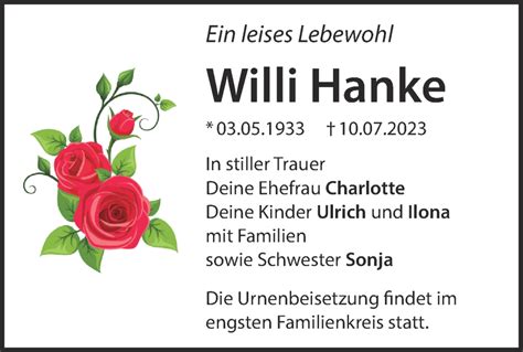 Traueranzeigen von Willi Hanke Märkische Onlinezeitung Trauerportal