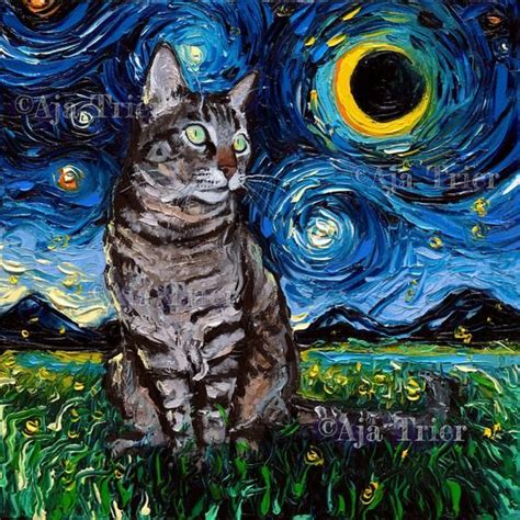 Tabby Night Cat Starry Night Art Print Picture By Aja Choose Size