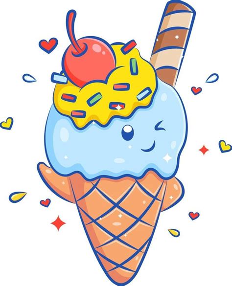 Delicious Ice Cream Kawaii Character With Cherry Fruit And Chocolate