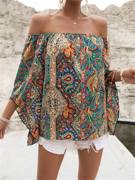 Shein Vcay Paisley Print Off Shoulder Trumpet Sleeve Blouse Shein Usa