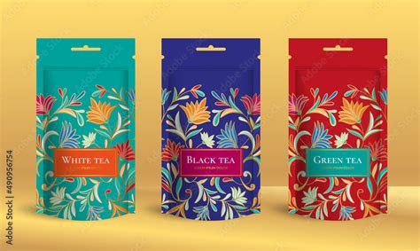 Tea Packaging Design With Zip Pouch Bag Mockup Vector Ornament