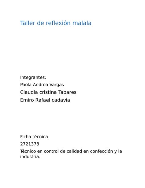 Taller de reflexión malala 2 Taller de reflexión malala Integrantes