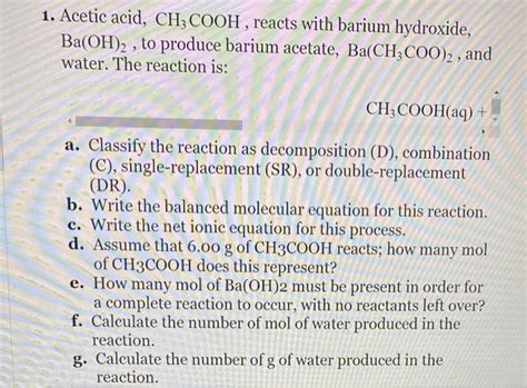 Solved Acetic Acid Ch Cooh Reacts With Barium Chegg