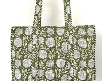 Handmade Cotton Green Block Print Reversible Shopping Bag Tote Bag