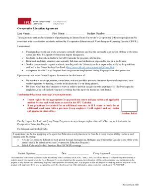 Fillable Online Co Operative Education Agreement Form October Docx