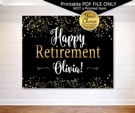 Happy Retirement Backdrop Banner Printable Files Gold Confetti On Black