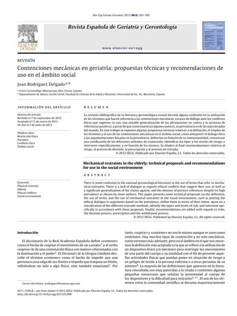 Pdf Contenciones Mecánicas En Geriatría Propuestas Técnicas Y Recomendaciones De Uso En El