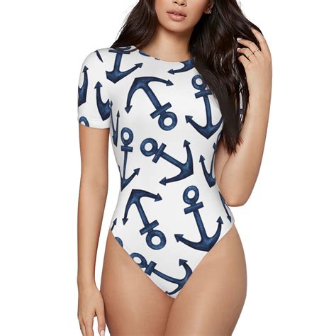 Easygdp Navy Blue Anchor Womens One Piece Swimsuit Slim Fit Crew Neck