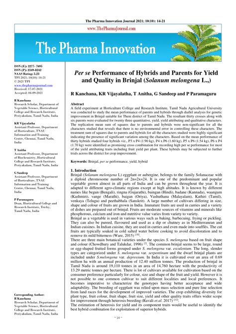 Pdf Per Se Performance Of Hybrids And Parents For Yield And Quality