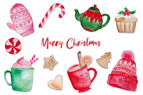 Merry Christmas Watercolor Set Illustrations Design Bundles