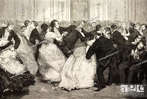 The last galop (dance), men and women in evening dress, drawing by F Barnard, Stock Photo ...