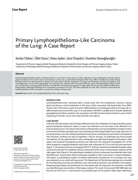 Pdf Primary Lymphoepithelioma Like Carcinoma Of The Lung A Case Report