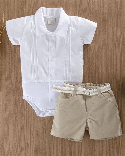 Conjunto Body Manga Curta Short Menino Oxford 100 Algodão Anjos