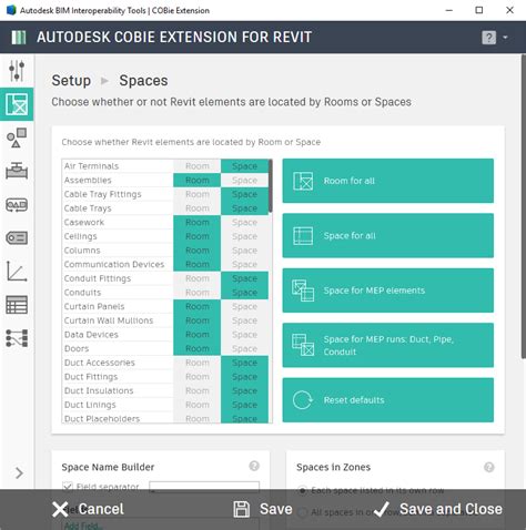 COBie Extension For Revit Spaces Settings