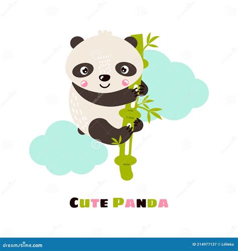 Baby Panda Hanging On A Bamboo Branch Cute Vector Illustration Stock