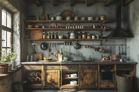 Premium Photo Rustic Farmhouse Kitchen With Open Shelving