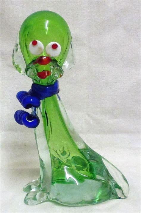 85 Vintage Murano Art Glass Green Dog With Blue Bow Figurine Glass