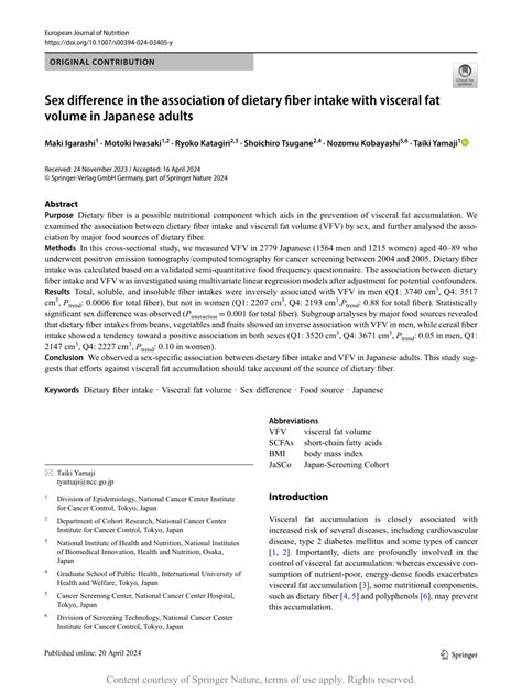 Sex Difference In The Association Of Dietary Fiber Intake With Visceral Fat Volume In Japanese