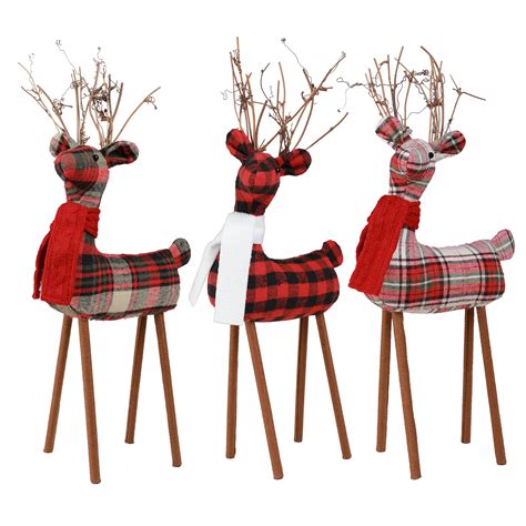 Holiday Time Christmas Multi Color Plaid Fabric Reindeer Tabletop