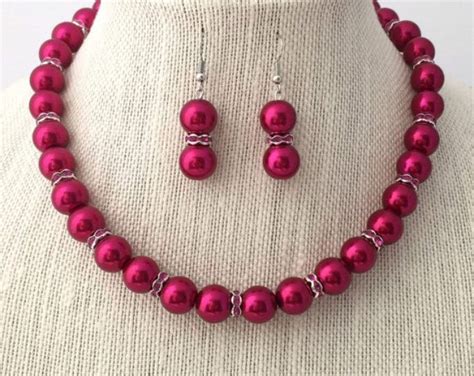 Chunky Pink Pearl Rhinestone Necklace And Earring Set Pink Etsy Pink