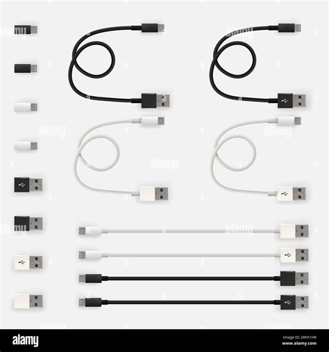 Realistic 3d Usb Micro Cables And Connectors Set Of Isolated White And Black Connectors Used